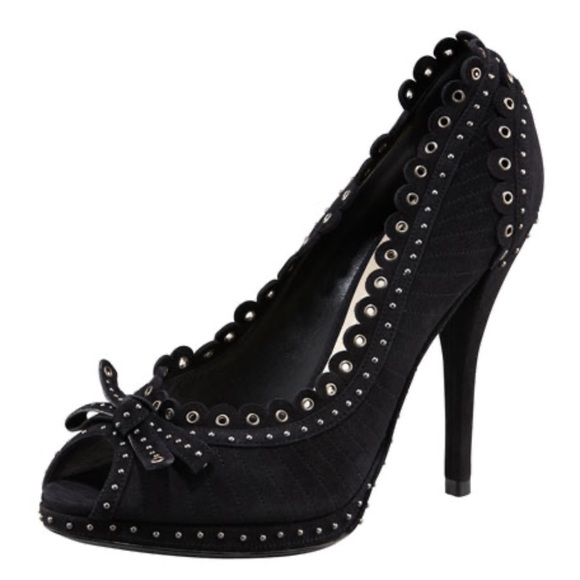 Christian Dior Muse Peep Toe Pumps Black Studs 39 4+ inch heels XE - Picture 1 of 7